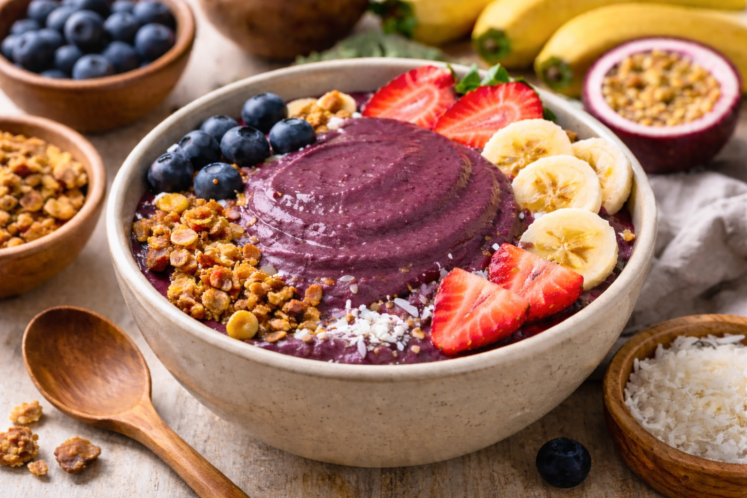 Scoopable acai bowl with toppings أساي قابل للغرف